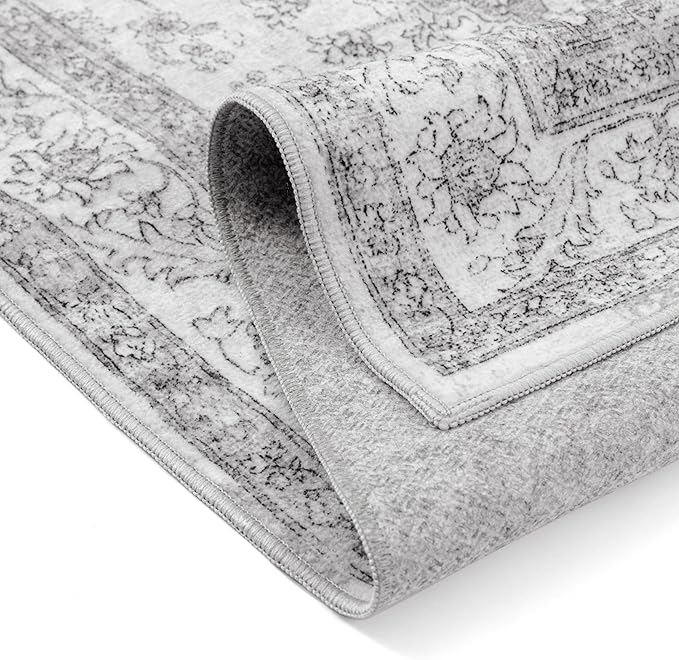 Grey Gray Area Rug 3x5 Washable Vintage Carpet for Entryway Office Soft Retro Kitchen Low Pile Thin Door Mat Non Slip Oriental Medallion Throw Rug for Bathroom Bedroom Dining Living Room