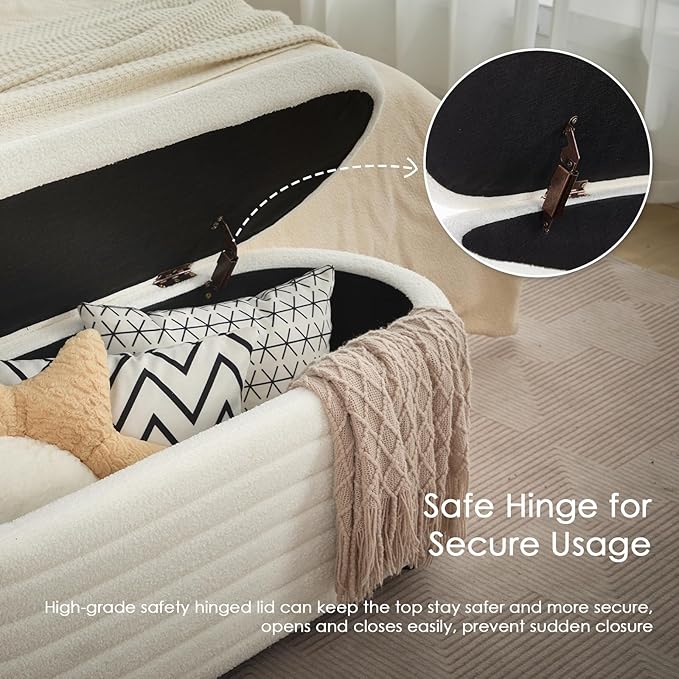 Storage Teddy Ottoman Bench Upholstered Fabric Storage Bench End of Bed Stool with Safety Hinge for Bedroom, Living Room, Entryway, Closet(44.5", White)