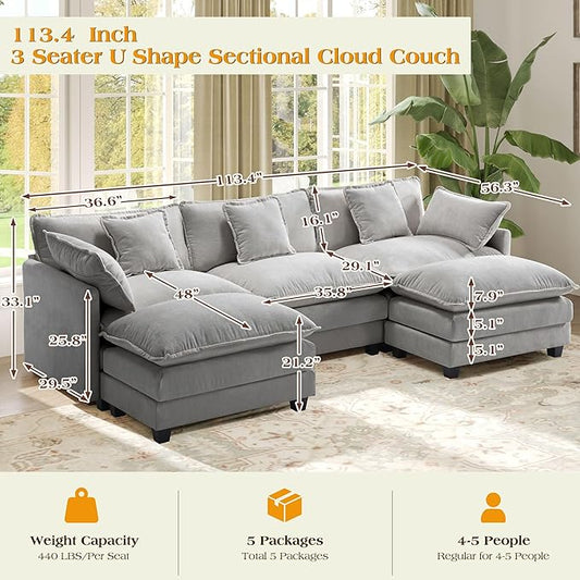 113.4" Modular Sectional Sofa,U Shaped Couch for Living Room,Modern Deep Seat Sofa 3 Seater Chenille Fabric Comfy Cloud Couches with Throw Pillows & Movable Ottoman