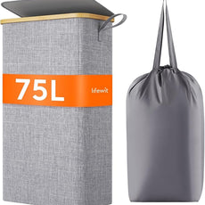 Lifewit 75L Slim Laundry Hamper with Lid, Narrow Laundry Basket with Removable Bag & Bamboo Handles, Fodable Thin Dirty Clothes Hamper for Laundry Collapsible Bin for Bathroom Bedroom Dorm, Gray