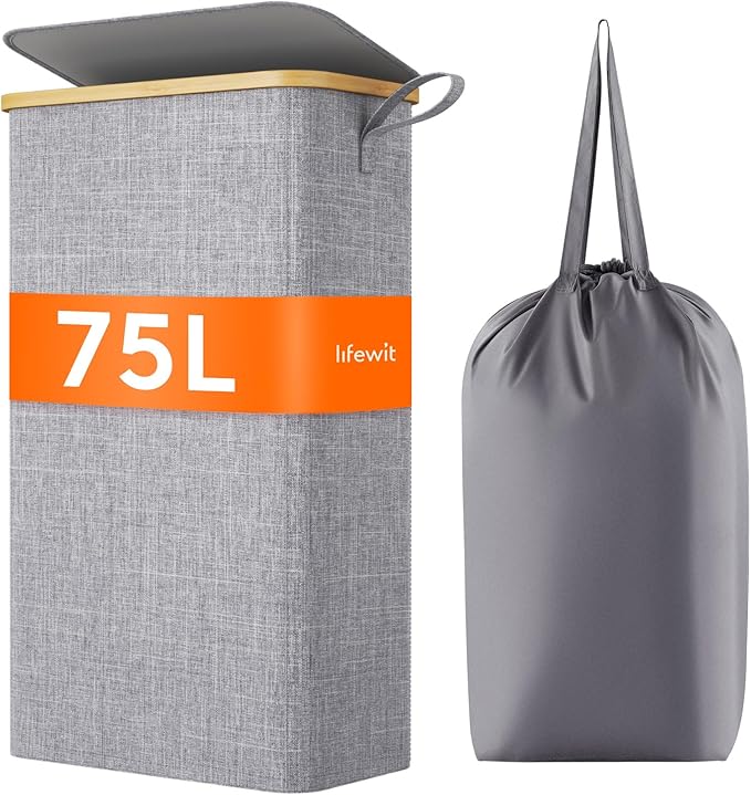 Lifewit 75L Slim Laundry Hamper with Lid, Narrow Laundry Basket with Removable Bag & Bamboo Handles, Fodable Thin Dirty Clothes Hamper for Laundry Collapsible Bin for Bathroom Bedroom Dorm, Gray