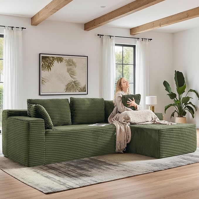 96''Sectional Couches for Living Room,Modern Modular Sectional Sofa,Upholstered Boneless Couch with Pockets,Comfy Cloud Couch with L Shaped Chaise (Green, 105''W Right Facing Chaise)