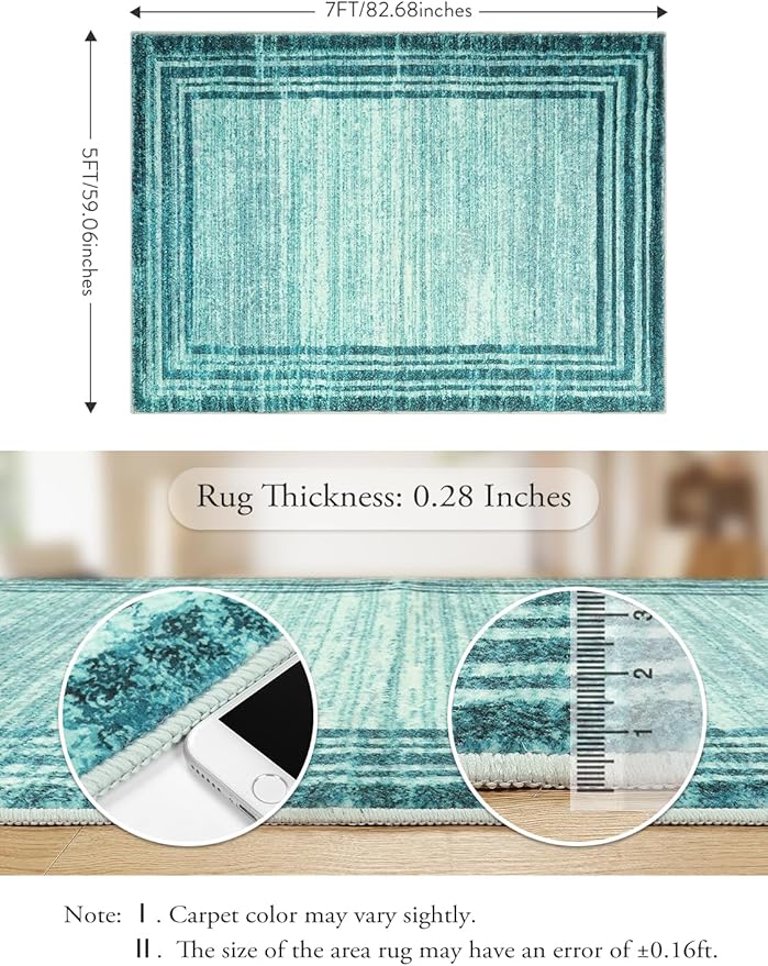 Lahome Modern Abstarct Area Rugs 5x7, Washable Teal 5x7 Bedroom Rug Soft Living Room Rug Non Slip, Low-Pile Indoor Rugs for Living Room Minimalist Floor Carpet for Dining Room Kids Playroom