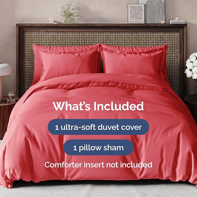 CGK Unlimited Duvet Cover Twin/Twin XL Size Set - Extra Soft Duvet Cover 68 x 90 with 1 Pillow Sham - Hotel Quality, Fade Free w/Zipper Closures and Ties - Bedding and Bed Linens Set (Red)