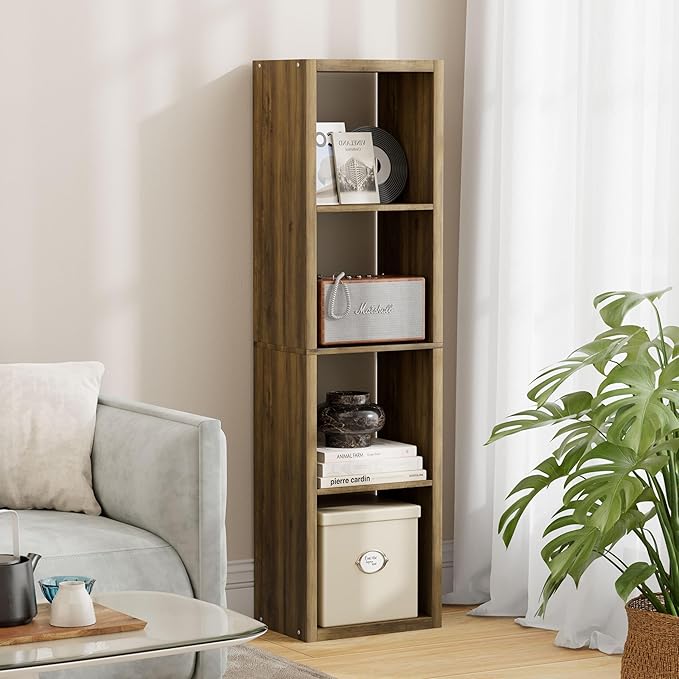 4 Cube Storage Organizer Single Row, Cube Shelf with Heavy-Duty Thick Boards, 13.31" L x 9.37" W x 48.82" H, Smooth Easy-Clean Panels, Simple Assembly, for Living Room Bedroom Office, Brown