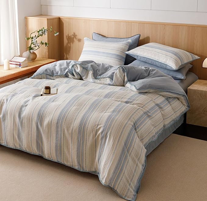 VM VOUGEMARKET Blue White Stripes Duvet Cover King 100% Cotton Muslin Duvet Cover Embroidered Cozy Simple Modern Bedding Set for Men Women