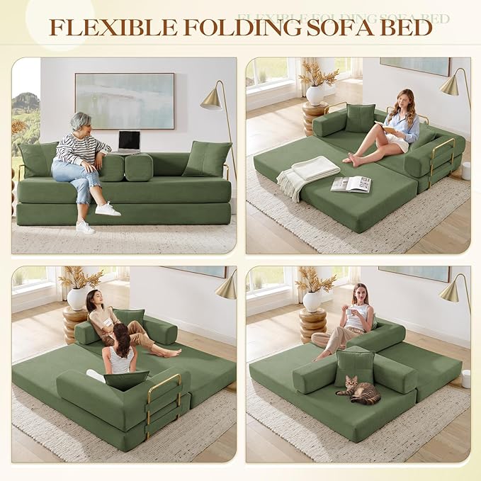 Antetek Convertible Futon Sofa Bed, 3-Seater Modern Corduroy Foam Floor King Size Bed Fold Out Sleeper Lounge Loveseat Sofa Couch with 2 Throw Pillows for Living Room Bedroom Guest Room, Army Green