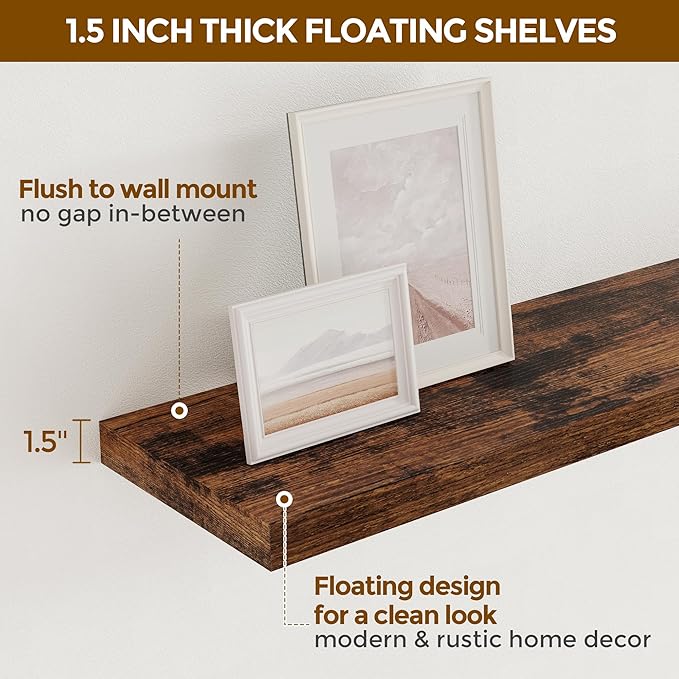Floating Shelves for Wall, 36 x 9.3 Large Floating Shelf Wall Mounted Set of 2, Rustic Wood Shelves for Bathroom, Kitchen, Living, Heavy-Duty Storage Deep Shelf for Books, Decor, Rustic Brown