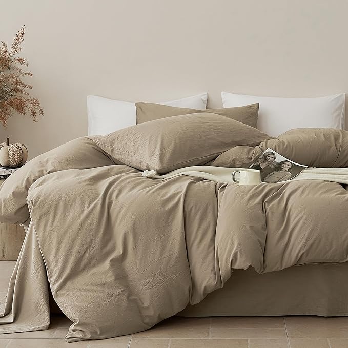 JELLYMONI Duvet Cover King Size - Washed Cotton Comforter Cover with Linen-Like Texture,Breathable & Soft Bedding for Modern Home,Guest Room and Everyday Use,Dusty Khaki 1 Duvet Cover & 2 Pillowcases