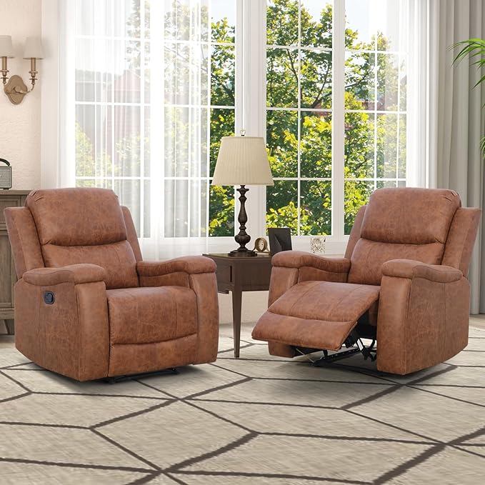 CANMOV Leather Recliner Chair Set of 2, Classic and Traditional Manual Recliner Chair with Overstuffed Arms and Back, Manual Single Sofa with Concealed Cup Holders,Brown