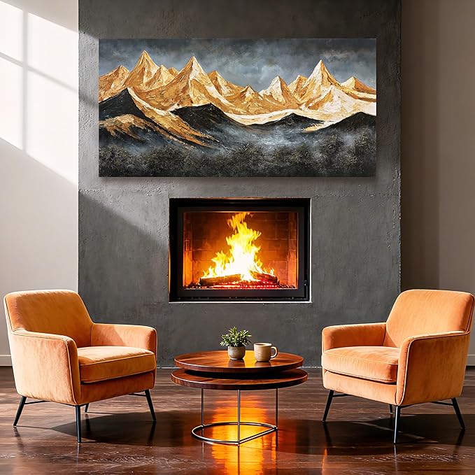 YETHEN WAL Gold Mountain Landscape Wall Art, Textured Mountain Canvas Print in Grey & Gold, Modern Horizontal Artwork, Gallery Wrapped, 20×40 in