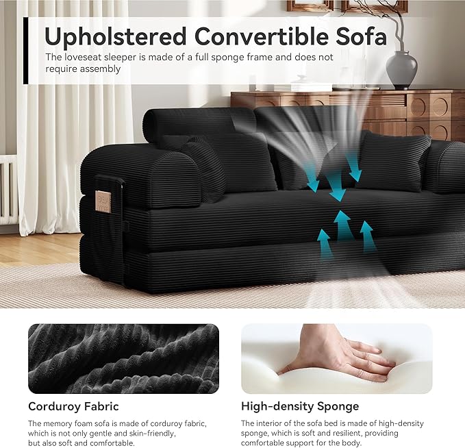 Upgrade High Backrest Design Sofa Bed with Fixed-Shape Frame & Removable Armrests and Backrest, Corduroy Fabric, Convertible Mattress Couch for Small Spaces - No Assembly Neede (High Backrest Black)