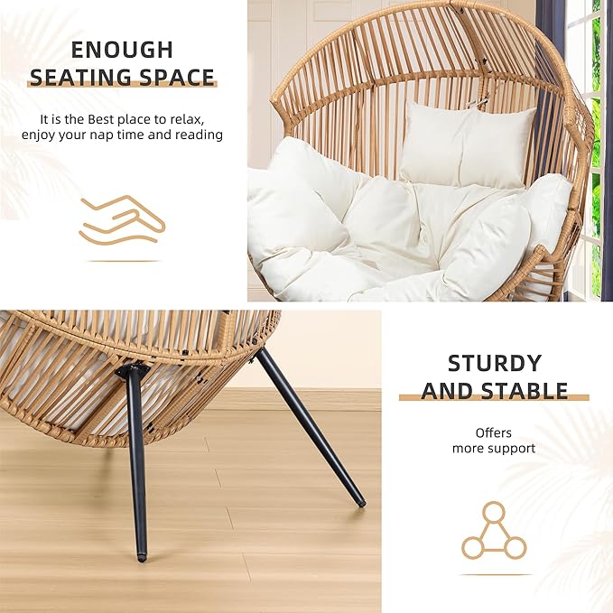 Vongrasig Comfy Wicker Egg Chair, Soft Thick Cushion Rattan Lounge Chair, High Capacity Steel Frame, Reading Chair for Living Room, Bedroom, Dorm Rooms (Beige)