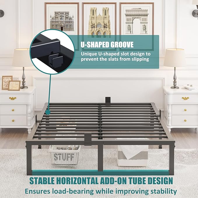 California King Bed Frame, 14 Inch High 3500 lbs Metal Platform, Mattress Foundation with Steel Slat Support/No Box Spring Needed/Noise Free/Non-Slip/Easy Assembly