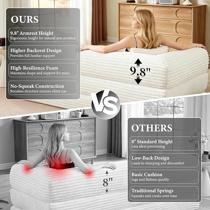Boneless Couch Sofa Bed Sectional Couches for Living Room,Futon Cloud Couch with Sleeper Sofa,Sofas for Living Room Oversized Corduroy Upholstered (White)