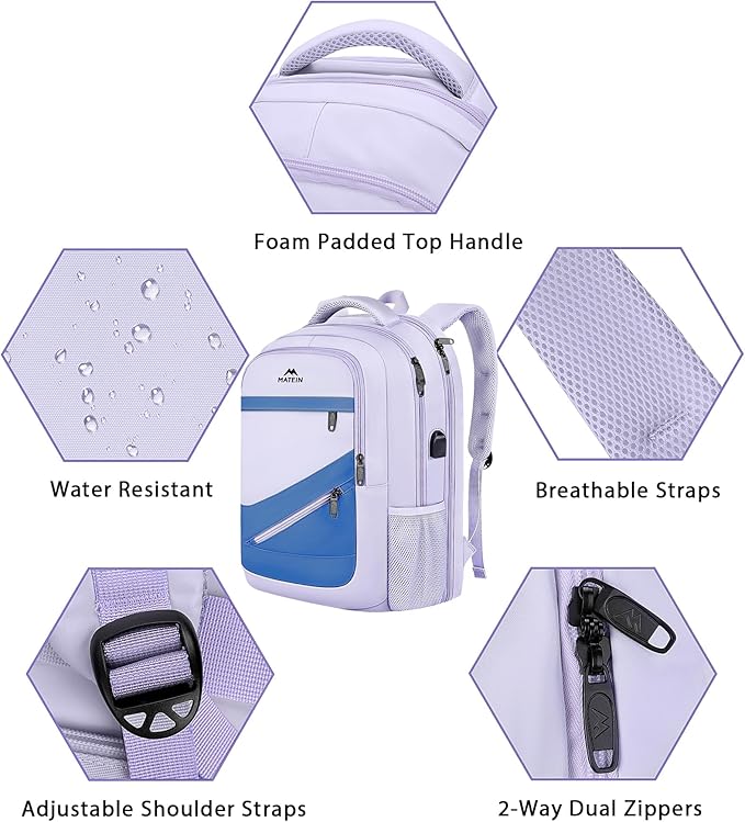 MATEIN Womens College Backpack, Stylish Casual Bag with Trolley Sleeve Fits 17 Inch Laptop, Water Resistant Work Commute Daypack with USB Charging Port, Graduation Gifts, Purple Blue