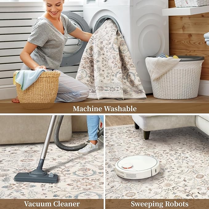MontVoo-Vintage Area Rug 4X6 Beige Rugs for Living Room-Soft Distressed Printed Rugs for Bedroom-Non Slip Carpet-Machine Washable Rug for Dining Room Living Room Bedside Office