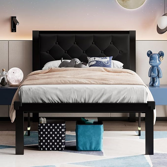 Feonase Twin Size Metal Bed Frame with Faux Leather Button Tufted Headboard, Heavy-Duty Platform Bed Frame with 12" Storage, Steel Slats Support, No Box Spring Needed, Noise Free, Matte Black
