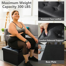 AmasSmile Storage Ottoman Folding Foot Rest Stool, Leather Footstool Bench, Short Ottoman Stool, Storage Foot Rest Store, Books (Black, 17