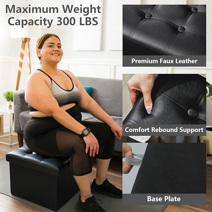 AmasSmile Storage Ottoman Folding Foot Rest Stool, Leather Footstool Bench, Short Ottoman Stool, Storage Foot Rest Store, Books (Black, 17" D x 13" W x 13" H)