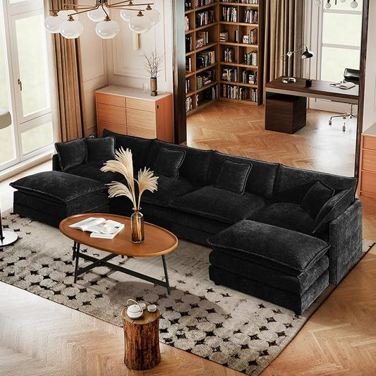 SoarFlash Chenille Sectional Sofa, Comfy L/U Shaped Modular Coush Sofa with Ottoman, Modern 4 Seat Couch Deep Seat Sofa Set for Living Room,Black