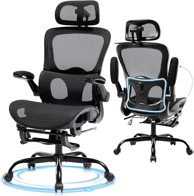 Ergonomic Office Chair, Adjustable High Back Desk Chair with Headrest Footrest 2D Lumbar Support - Executive Breathable Mesh Comfy Swivel Rolling Reclining Computer Task Chairs for Home Office Gaming