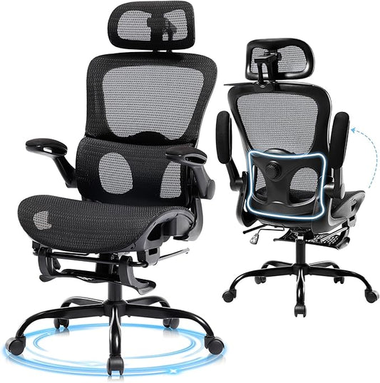 Ergonomic Office Chair, Adjustable High Back Desk Chair with Headrest Footrest 2D Lumbar Support - Executive Breathable Mesh Comfy Swivel Rolling Reclining Computer Task Chairs for Home Office Gaming