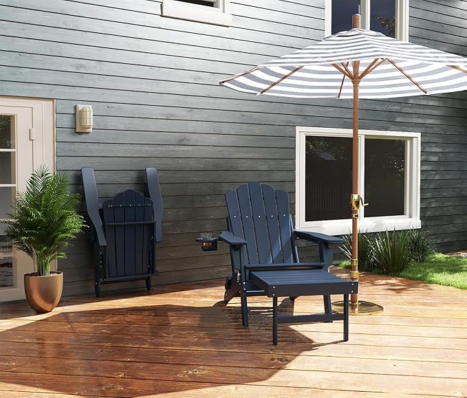 FOOWIN Adjustable Adirondack Chair with Retractable Ottoman Set of 2, Folding Adirondack Chair with Cup Holder, HDPE All-Weather Fire Pit Chair for Patio, Yard, Poolside, Navy Blue