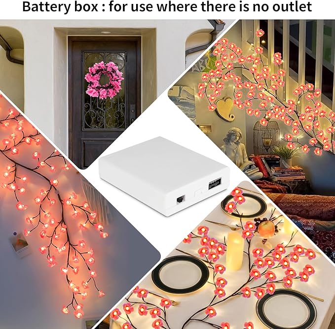 Cherry Enchanted Willow Vine Lights, 5.25FT 72LED Pink Cherry Blossom Tree Branch Lights for Wall, Remote Timer,8 Light Model,Bedroom Wall Doors Wedding, Christmas, USB Battery Box