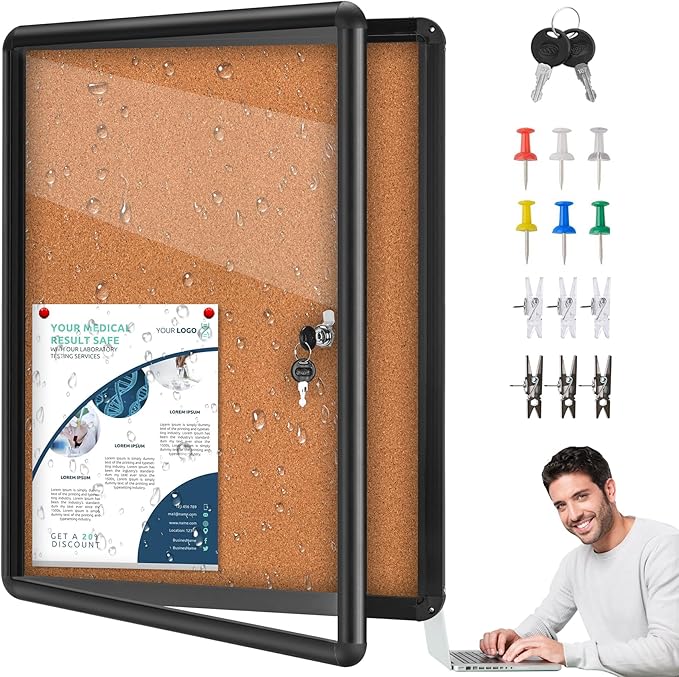 26"x20" Enclosed Cork Bulletin Board Tamper-Proof Dispaly Case,Aluminium Frame,Shatter Resistant Lockable Bulletin Board with Clear Acrylic Door for School,Office,Mall,Community,Hospital