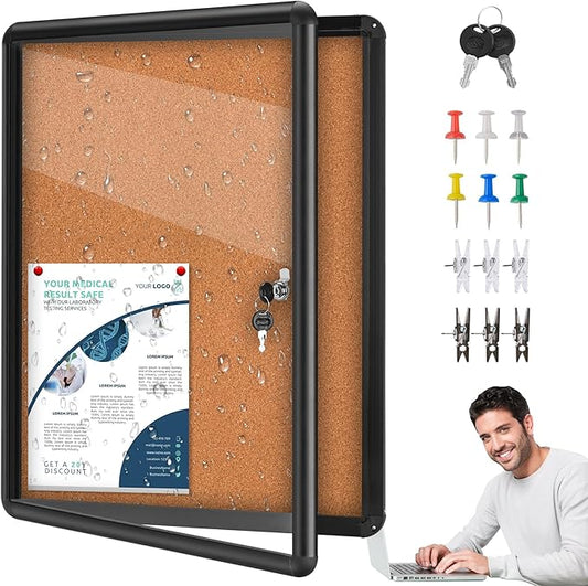 26"x20" Enclosed Cork Bulletin Board Tamper-Proof Dispaly Case,Aluminium Frame,Shatter Resistant Lockable Bulletin Board with Clear Acrylic Door for School,Office,Mall,Community,Hospital