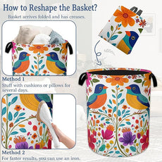 Bird Flower Laundry Basket,Oxford Cloth Mexico Laundry Hamper With Handle Foldable Portable Clothes Storage Basket for Laundry Room/Bedroom/Bathroom 20.8