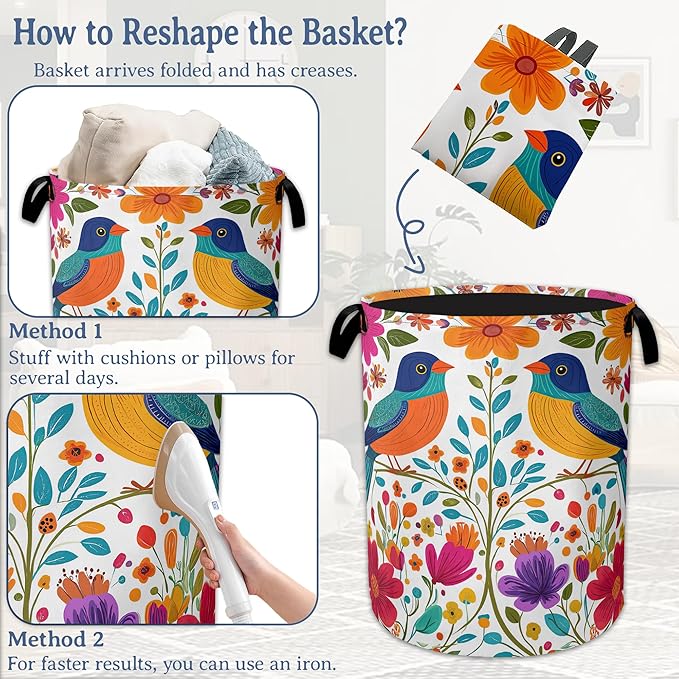 Bird Flower Laundry Basket,Oxford Cloth Mexico Laundry Hamper With Handle Foldable Portable Clothes Storage Basket for Laundry Room/Bedroom/Bathroom 20.8"x16"