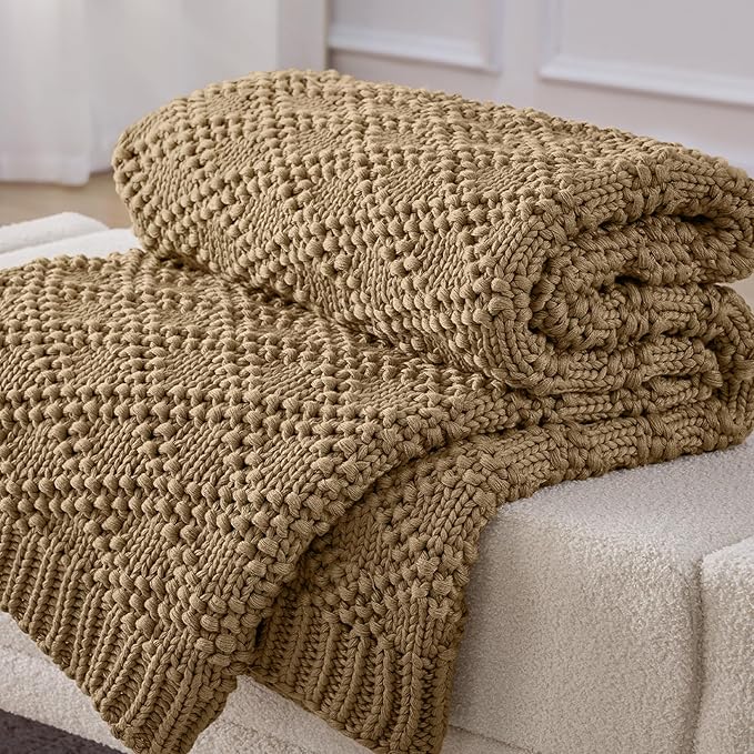 Knitted Weighted Blanket for Adult, Chunky Knit Weighted Throw for Sleep 50"*60" 5lbs, Cooling Breathable Heavy Blanket for Hot Sleepers, Machine Washable Fall Blanket for Room Decor(Beige)