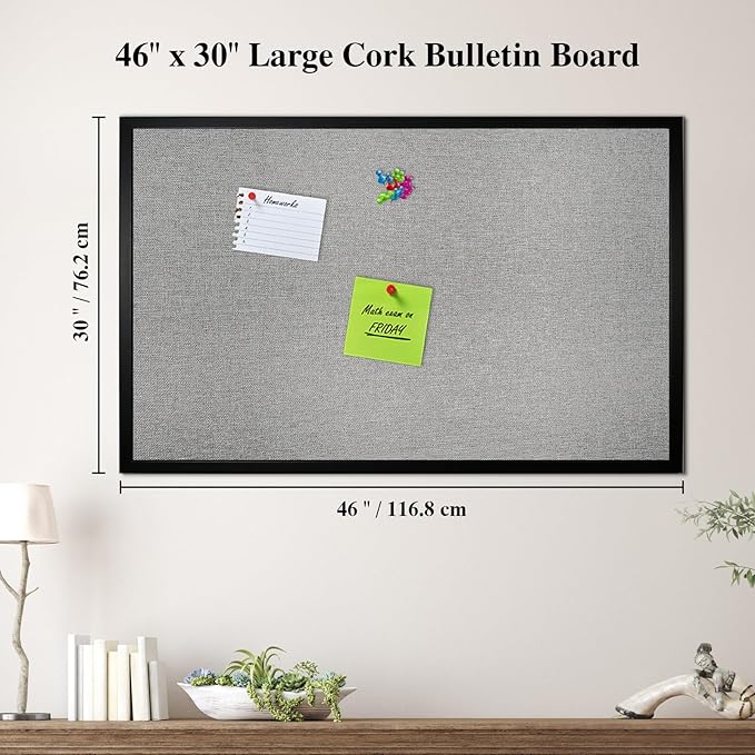 Bulletin Board 46 x 30 Inch, Cork Board for Walls, Wood Framed Bulletin Boards with Grey Canvas, Wall Mounted Corkboard for Office School Home Decorative