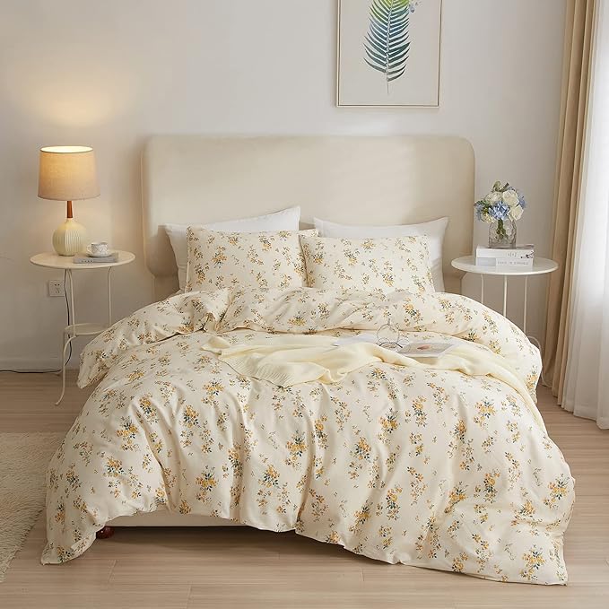 mixinni Aesthetic Floral Duvet Cover Set Twin Size, Farmhouse Boho Yellow Flowers Leaves Cute Bedding Set for Women, 1 Soft Cotton Chic Duver Cover and 2 Pillowcases for All Seasons-Twin Size
