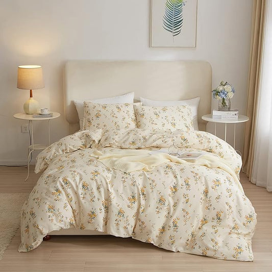 mixinni Aesthetic Floral Duvet Cover Set Twin Size, Farmhouse Boho Yellow Flowers Leaves Cute Bedding Set for Women, 1 Soft Cotton Chic Duver Cover and 2 Pillowcases for All Seasons-Twin Size