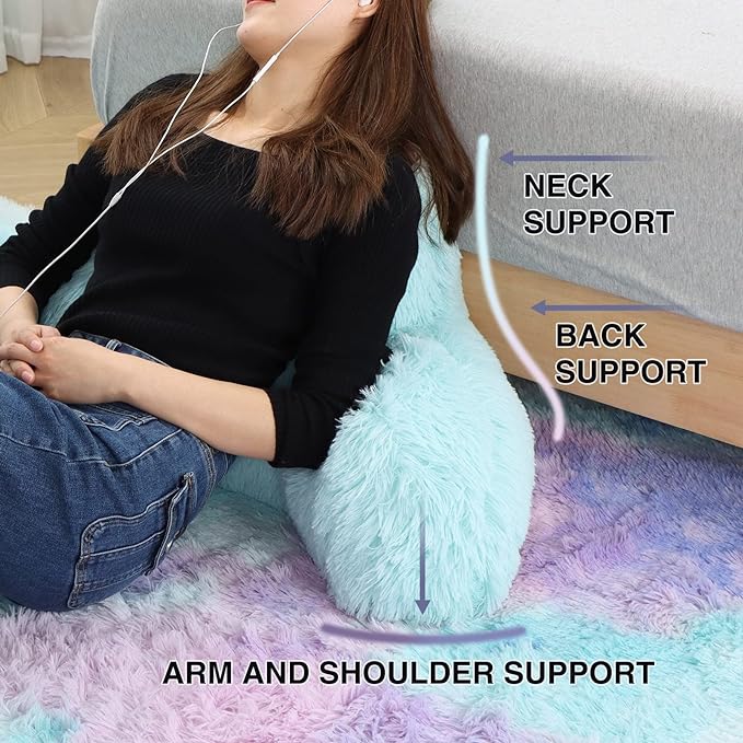 A Nice Night Faux Fur Reading Pillow Bed Wedge Large Adult Children Backrest with Arms Back Support for Sitting Up in Bed/Couch for Bedrest,Aqua