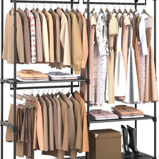 Clothes Rack, Portable Closet, 54.3 Inch Large Capacity Wardrobe Closet, Clothes Storage Organizer with Shelves and 3 Hanging Rods, Easy to Assembly, Black PCT022B01