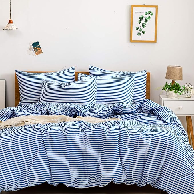 JELLYMONI 100% Natural Cotton 3pcs Striped Duvet Cover Sets,White Duvet Cover with Blue Stripes Pattern Printed Comforter Cover,with Zipper Closure & Corner Ties(Full Size)