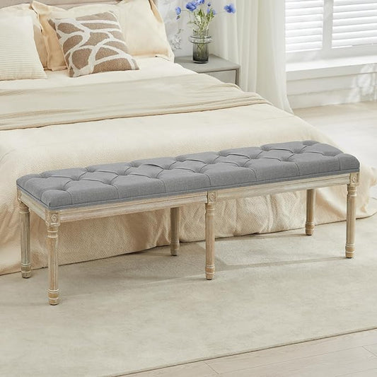 LOULENS 57.7" Linen Fabric End of Bed Bench, French Upholstered Button Tufted Bench for Bedroom End of Bed, Window Seat with Carved Wood Legs for Bedroom, Living Room, Entryway, Light Grey