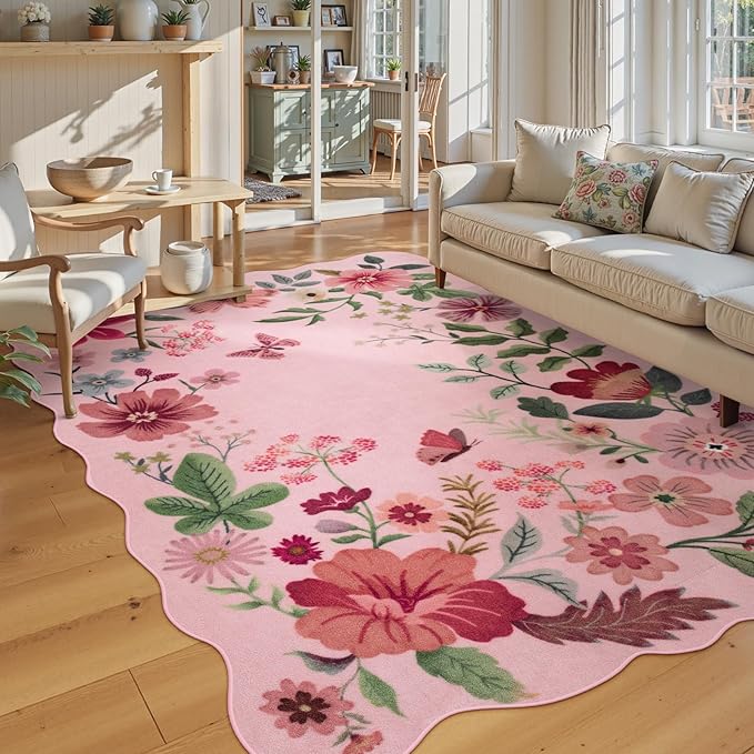 Lahome Floral Living Room Rugs, Pink Area Rugs 5x7 Rug for Bedroom Ultra-Thin Soft Rug, Non-Slip Washable Rugs Stain Resistant Throw Boho Rug for ‎‎Nursery Playroom Classroom (5x7ft, Pink)