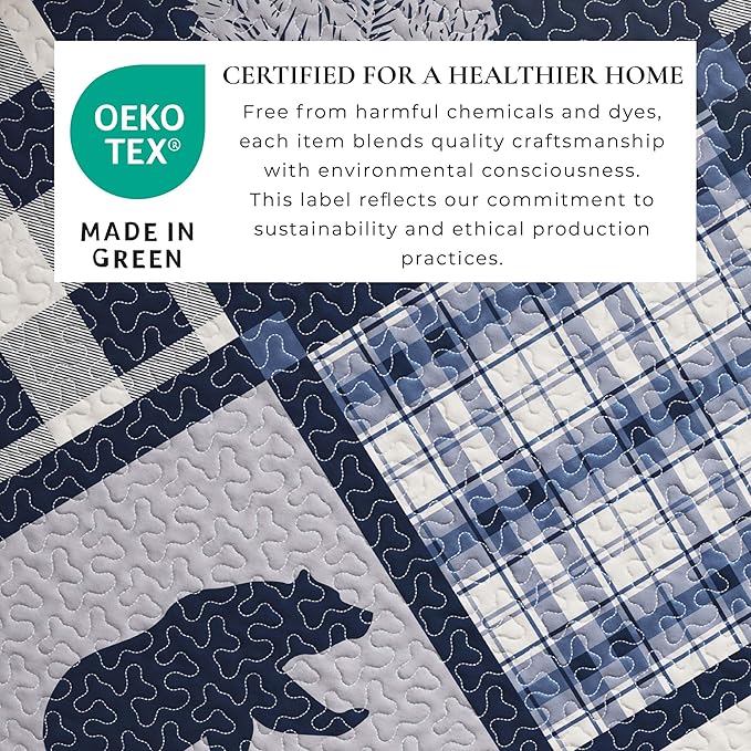 Great Bay Home Lodge Bedspread Twin/Twin XL Size Kid's Quilt with 1 Sham. Cabin 2-Piece Reversible All Season Quilt Set. Rustic Quilt Coverlet Bed Set. Stonehurst Collection. (Navy/Grey)