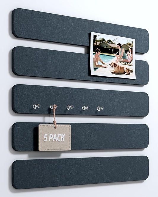 Cork Board Alternative Felt Strip Board 5-Pack 13"x2", Office Pin Board with 35 Push Pins, Adhesive Install for Bedroom Door & Home Office(Deep Charcoal Blue)