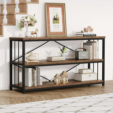 HSH Horizontal Bookshelf, Wood Metal Low Bookcase with Storage, Open 3 Tier Etagere Book Shelf for Office Bedroom Living Room, Rustic Brown, 55 Inch