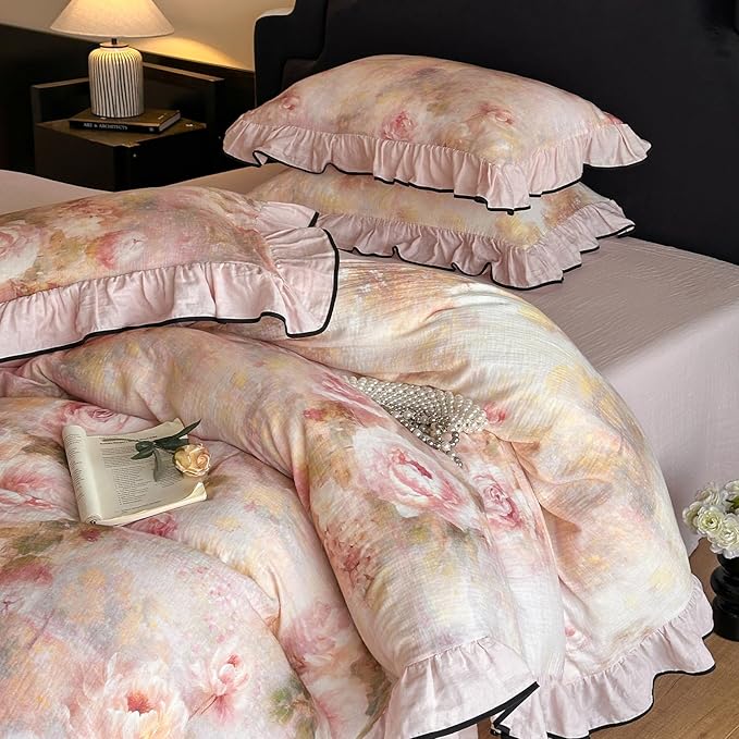 HighBuy Rose Floral Linen Duvet Cover Full Size,Boho Chic Floral Bedding with Ruffle Design, Breathable & Durable Bedding,Farmhouse Cooling Comforter Cover Sets 1 Duvet Cover and 2 Pillowcases