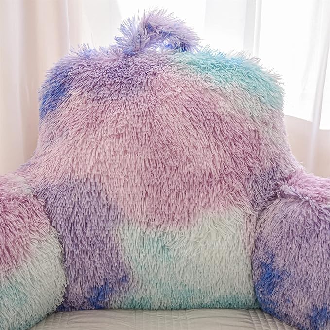 A Nice Night Faux Fur Reading Pillow Bed Wedge Large Adult Children Backrest with Arms Back Support for Sitting Up in Bed/Couch for Bedrest,BluePurple