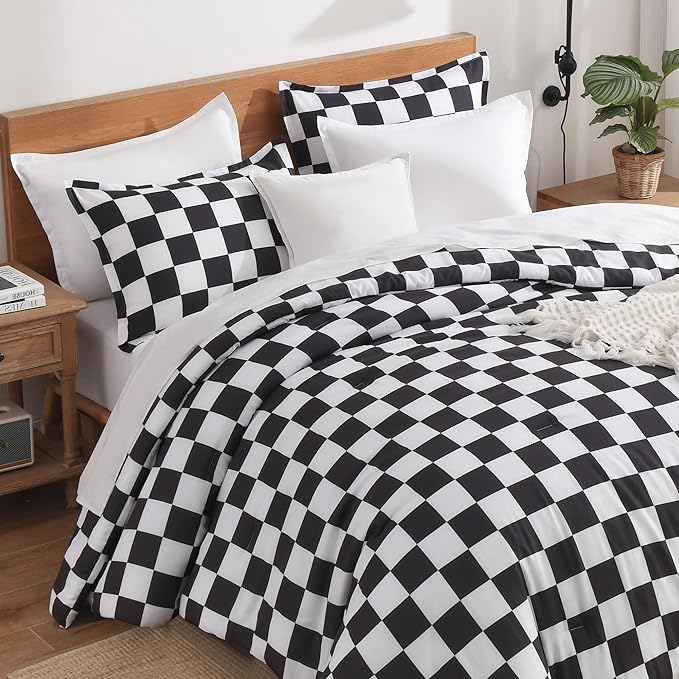Andency Checkered Comforter Queen(90x90Inch), Black White Plaid Gingham Buffalo Grid Bed Set for Boys Kids Teens, 3 Pieces Lightweight Microfiber Geometric Preppy Bedding