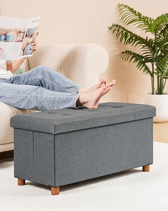 B FSOBEIIALEO Storage Ottoman with Tray, Foot Stools and Ottomans with Legs, Storage Cube Seat Linen Grey 30"