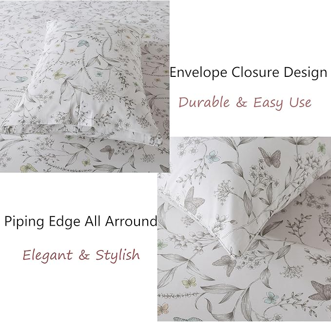 FADFAY Floral Sheets Full Colorful Butterfly Bed Sheets Set Vintage Botanical Bedding Shabby Branches Leaves Bedding Collections 100% Percale Cotton Breathable Super Soft Deep Pocket 4Pcs, Full Size
